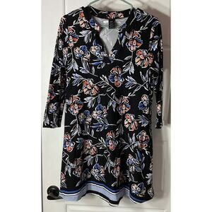 Lildy Black Floral 3/4 Sleeve V Neck Collar Stripped Hem Dress/Tunic S-M